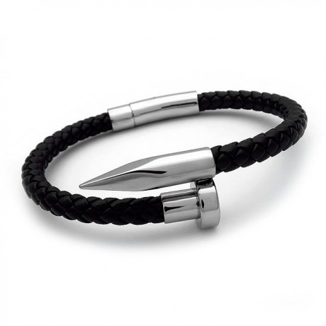 Men's casual bangle with black leather