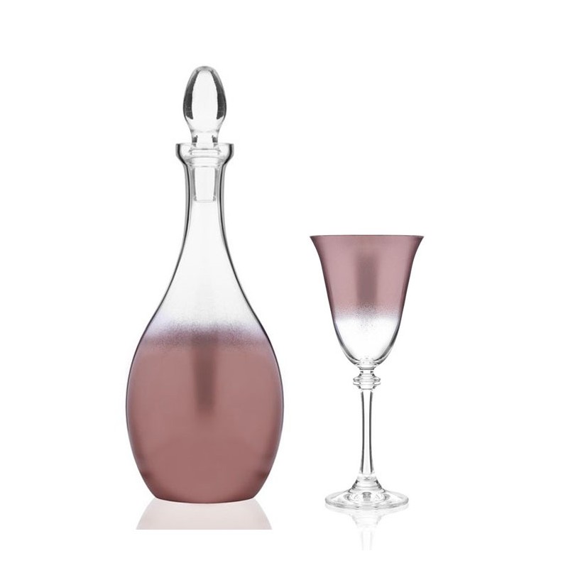 Ποτήρι και καράφα γάμου με ροζ ματ σχέδιο AG197